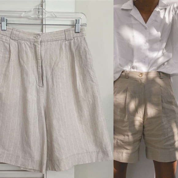 Vintage 90s Cotton-Linen Striped Highwaisted Shorts - Picture 5 of 13